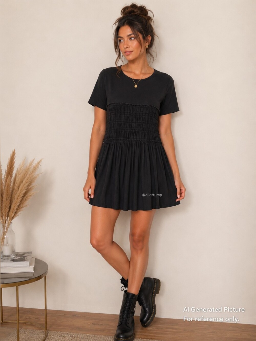 Kendall & Kylie Large Black Smocked Bodice Top and Short Sleeves